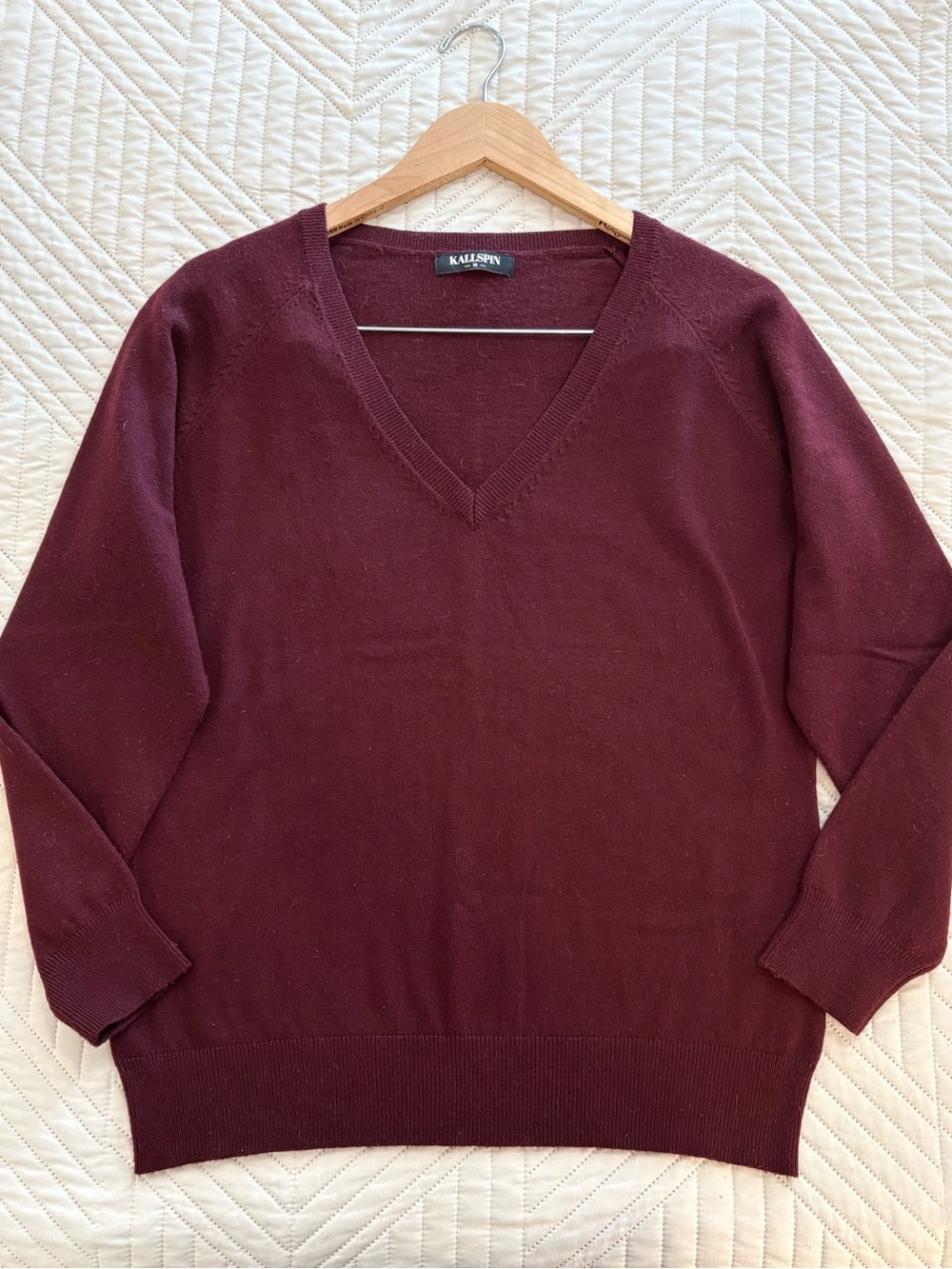 Kallspin Women’s Cashmere-Wool Blend V-Neck Sweater in Deep Burgundy, Size M